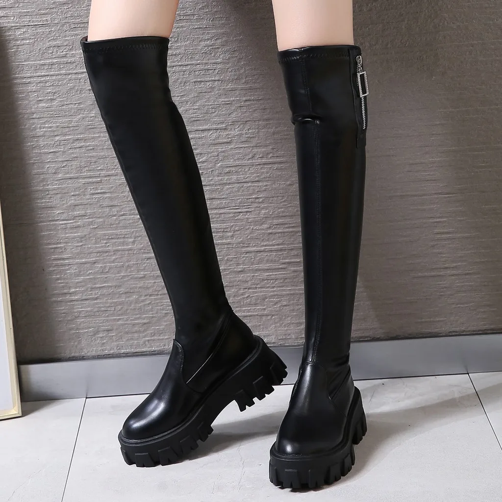 Женские сапоги до колена с боковой молнией мотоциклетные на толстой подошве