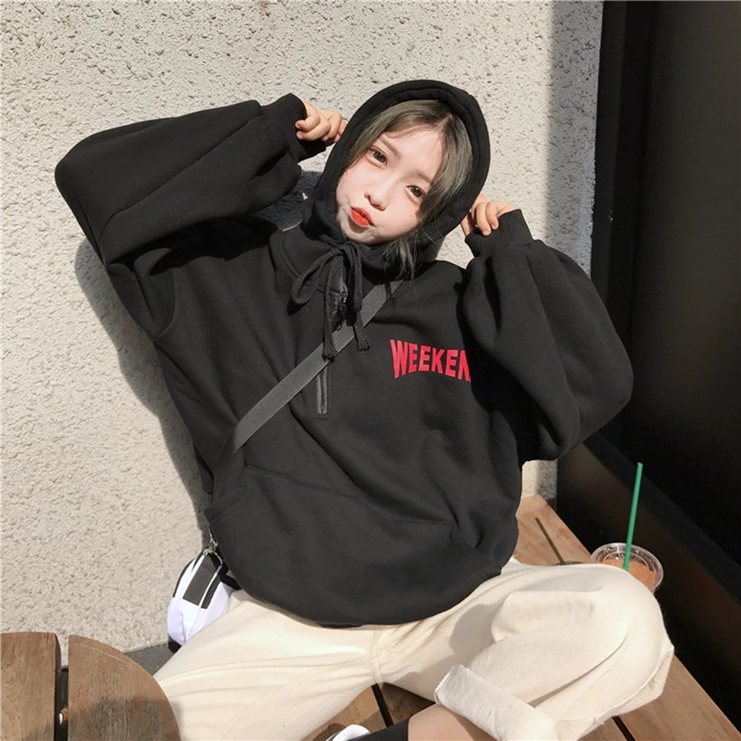 Осень Зима Harajuku толстовки женские флисовые теплые с капюшоном буквенным принтом