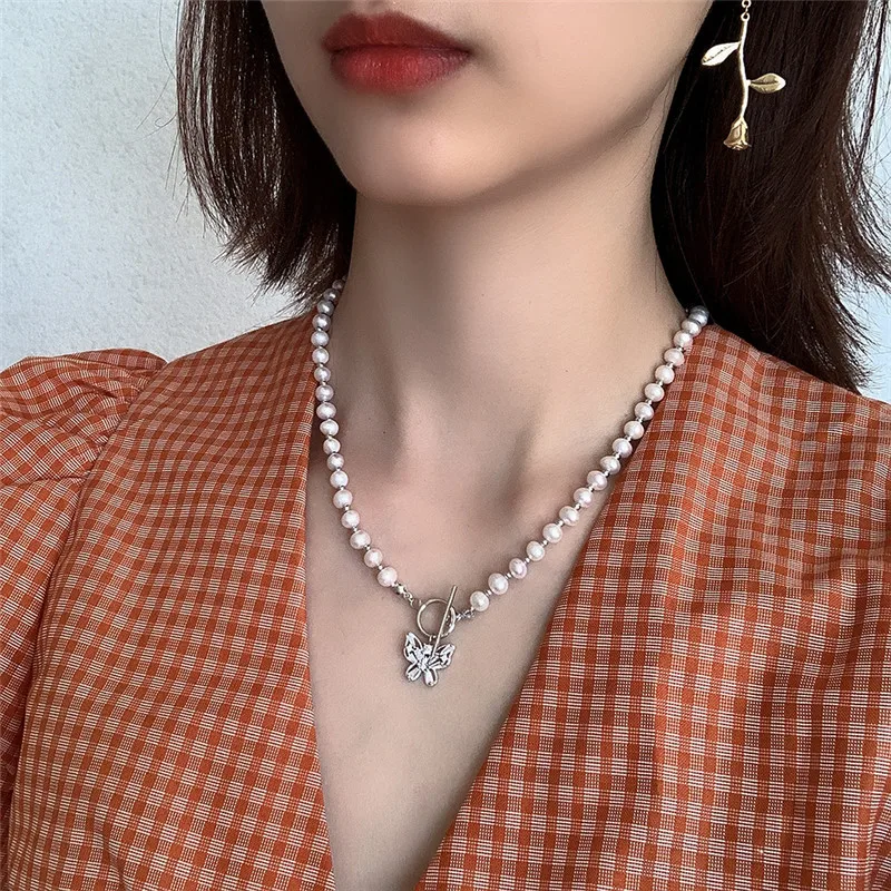 RUIYI Real 925 Sterling Silver Luxury Zircon Butterfly Pendant Necklace Women Pure Freshwater Pearl Chain Niche Chokers | Украшения и