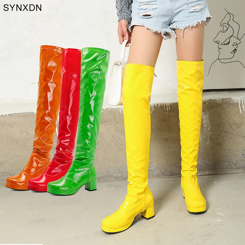 

Женские лакированные ботфорты SYNXDN из лакированной кожи на массивном каблуке с застежкой-молнией, Сексуальные вечерние ботфорты для фетиша ...