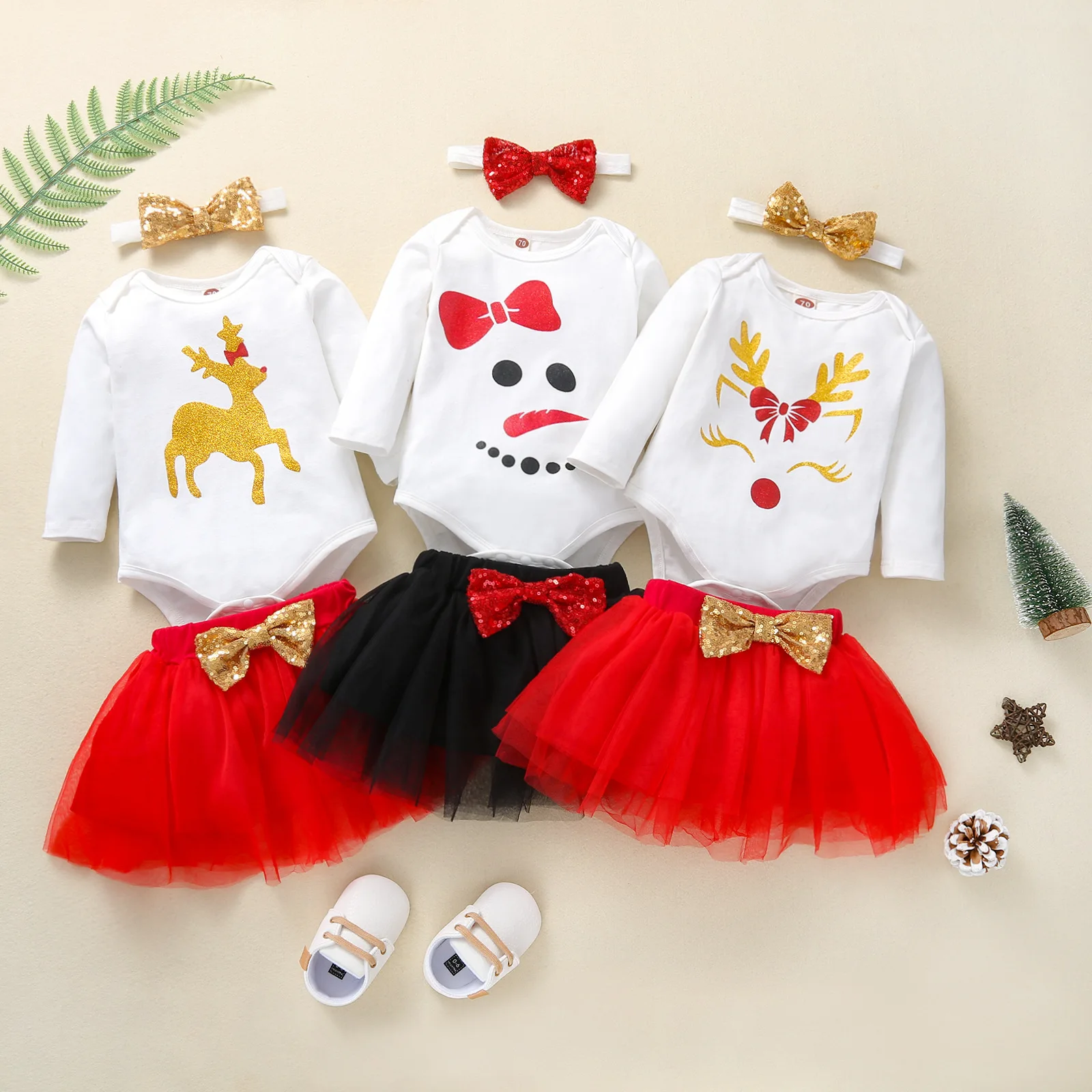 

2021 baby girl novice christmas party mesh skirt girl christmas elk cute autumn and winter romper headdress three-piece suit