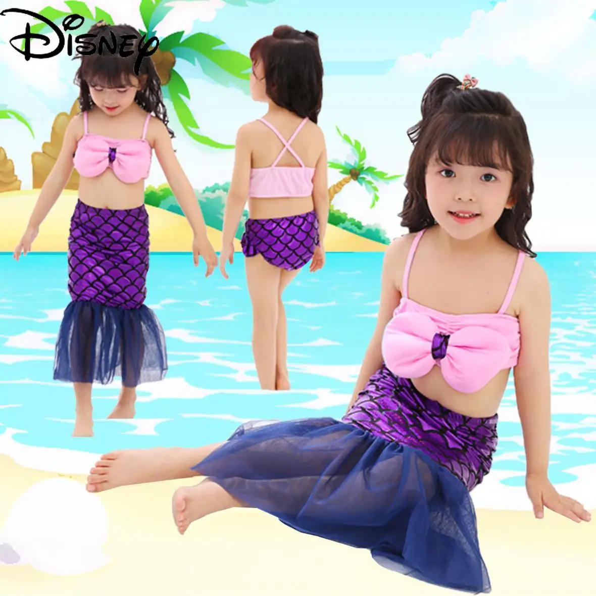 

Disney Girls Mermaid Tail Skirt Style Small, Medium and Big Kids Swimsuit 3-piece Princess Split Show Mermaid Costume Swimsuit