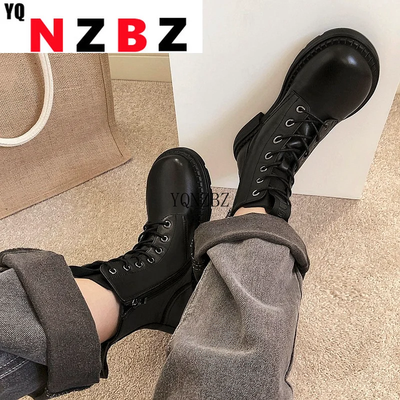 

Women's Square Heel Platform Lace-up Ankle Martin Boots 2021 Autumn New Fashtion Round Head Side Zipper Women's Casual Boots