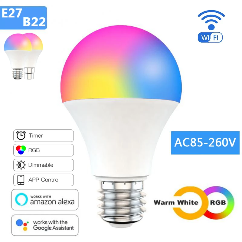 

15W WiFi Smart Light Bulb E27 B22 Dimmable RGB+CCT Multi-color Smart Light Bulb Voice Control Work With Alexa Google Smart Home