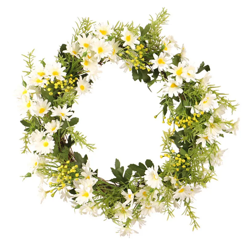

Round Daisy Wreath Artificial Flower with Leaves Welcome Front Door Hanging Decoration Festive Wreaths Home Party Decor 2021