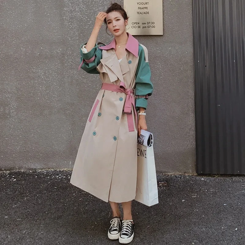 

Chic Windbreaker Women Mid-Length 2022 Spring Autumn New Lady Outwear Double Breasted With Belt Designer Splicing Trench Coats