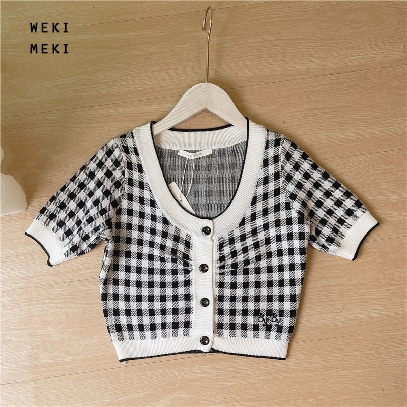 

High quality short knit top cardigan plaid print letter embroidery short sleeve women summer thin cardigans cropped sweater