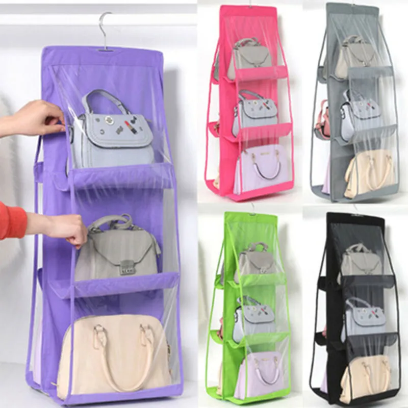 

6 Pocket Foldable Hanging Bag 3 Layers Shelf Bag Purse Handbag Organizer Door Sundry Closet Pocket Hanger Storage Bag Organizers