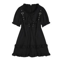 streetwear gothic dress women vintage summer casual puff sleeve harajuku design bandage punk ruffle black mini dresses girl