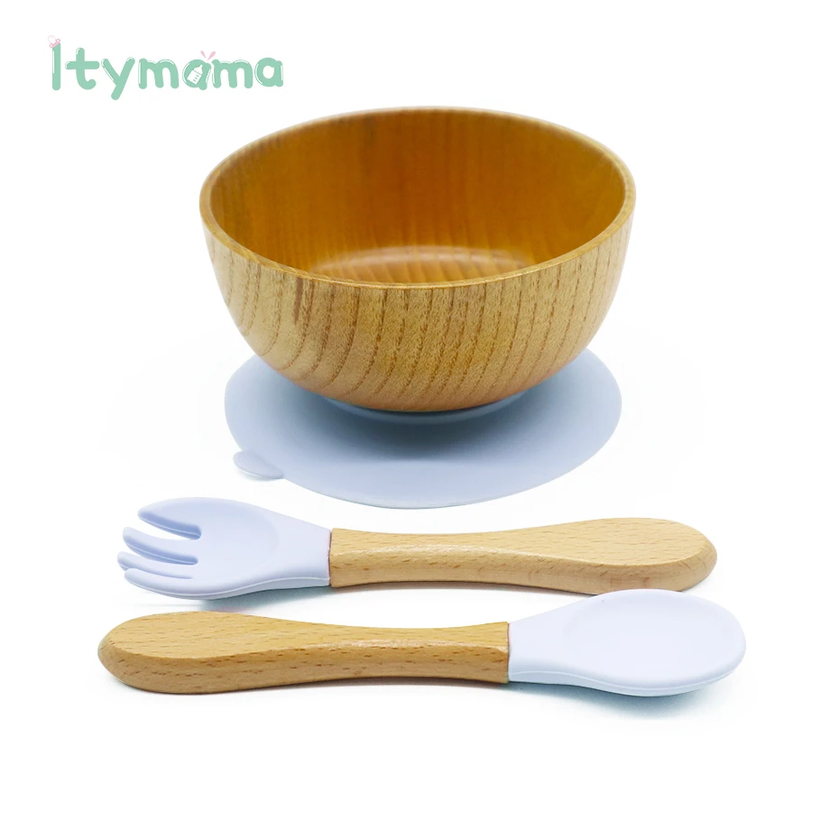 

Baby Feeding Bowl Spoon Fork Food Tableware Kids Wooden Training Plate Silicone Suction Cup Removable Children's Dishes Goods
