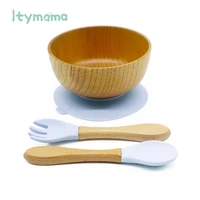 baby feeding bowl spoon fork food tableware kids wooden training plate silicone suction cup removable childrens dishes goods