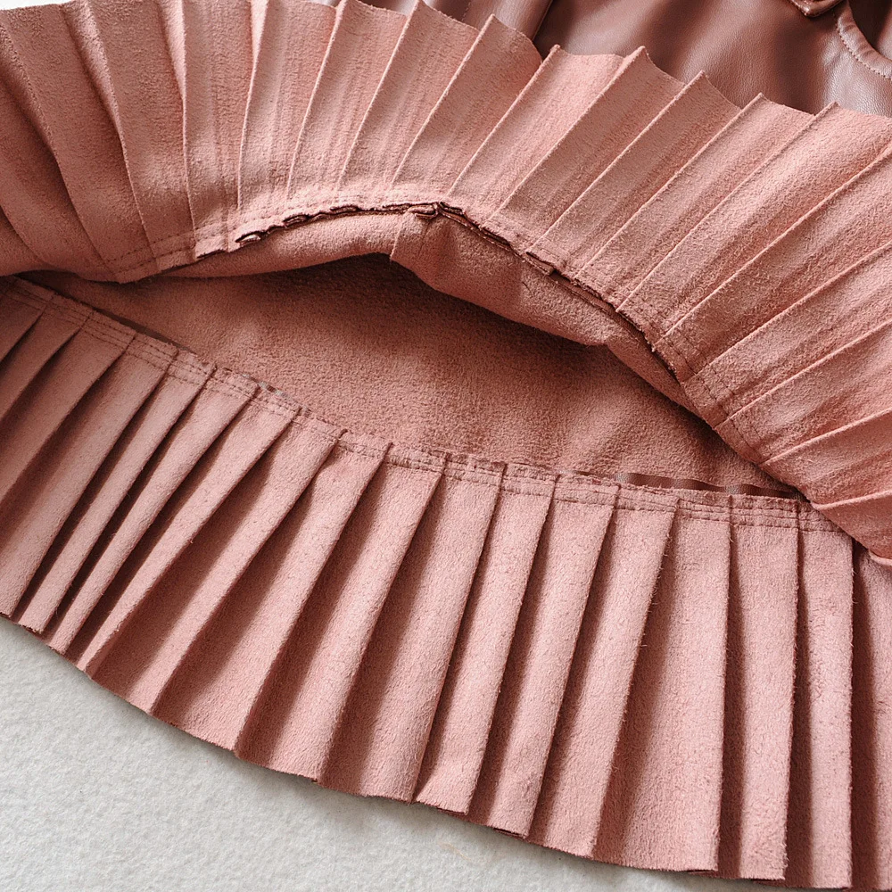 

Faux Leather Solid Women Chic PU Leather Mini Skirt Bow Tie Belt Pockets Pleated Paperbag Waist Black Casual Fashion Basic Skirt