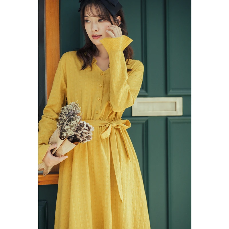 INMAN-vestido informal de manga larga para mujer, prenda elegante de algodón de una pieza, Color sólido, con cintura elástica, para primavera y otoño