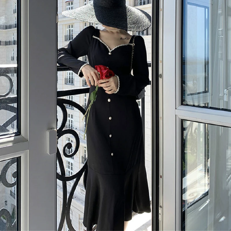 

Korean 2021 Autumn Vintage Dress Women Casual V-Neck Sexy Elegant Retro Evening Party Black Dress Long Sleeve One-Piece Dresses