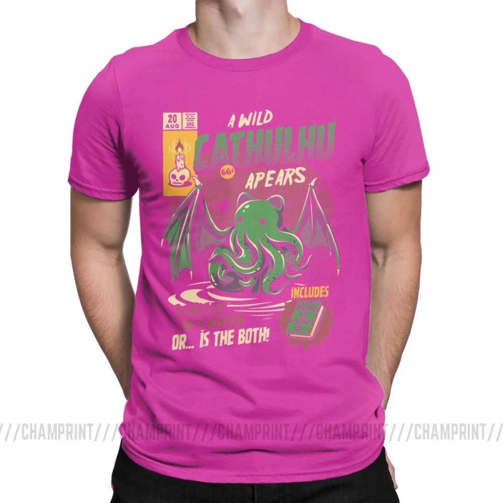 A Wild Cthulhu, футболки для мужчин, чистый хлопок, Повседневная футболка, кот, монстр, череп, Мультяшные топы, Милые Забавные футболки, Новое поступление - Цвет: Фуксия