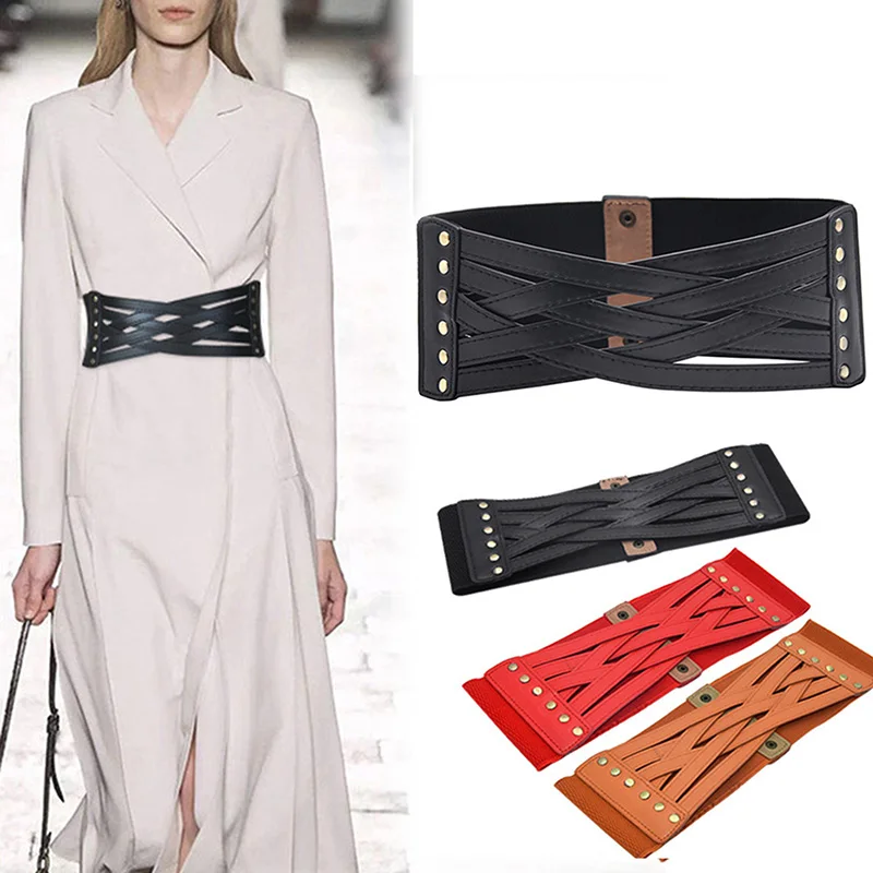 

Women Fashion Wide Belts For Ladies PU Leather Slimming Body Dress Belt Elastic Black Corset Waistband Female Cummerbunds