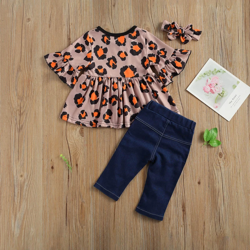 

lioraitiin 2-7Years Toddler Baby Girl 2Pcs Summer Clothing Set Long Sleeve Leopard Printed Top Hole Long Demin Pant