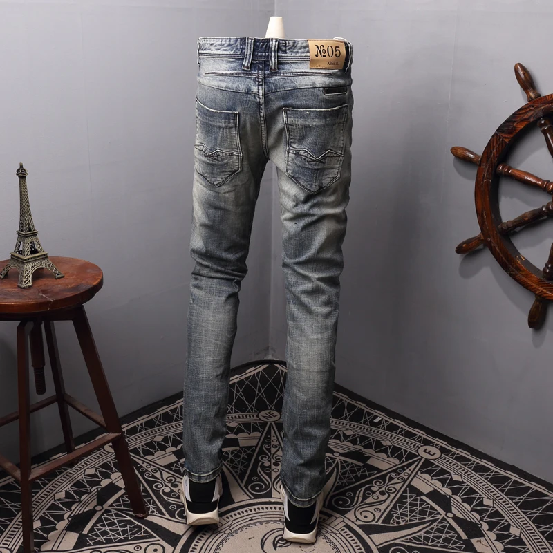 Итальянский стиль модные мужские джинсы Ретро синие потертые рваные эластичные