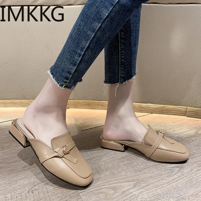 Woman Mules Shoes Outdoor Slippers Female Square Toe low heel Casual Comfortable slippers metal decoration slides | Обувь