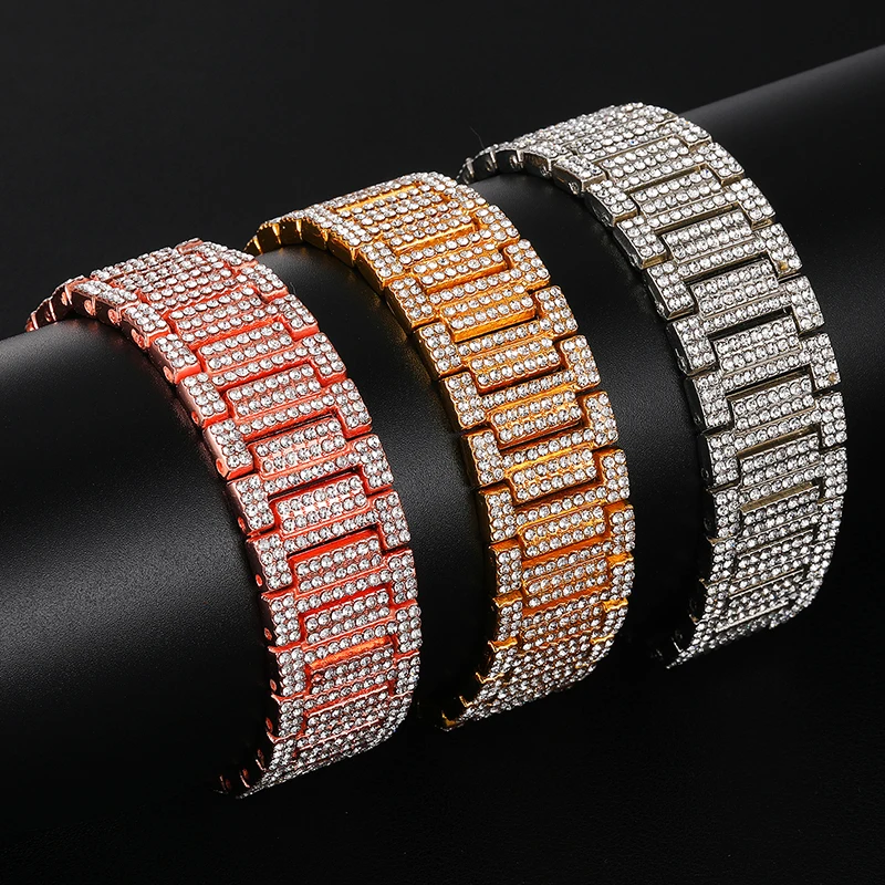 Хип-хоп Полный Стразы Iced Out Bling цвета: золотистый, серебристый ремешок для часов звено цепи браслеты для мужчин рэппер ювелирные изделия