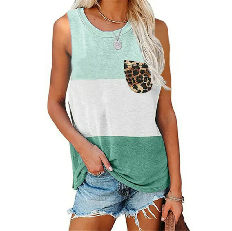 

Womens Color Block Leopard Pocket Tank Tops Loose Vest Tee Summer Casual Blouse