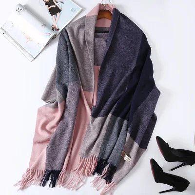 Navy Pink Plaid Новинка, настоящий кашемировый шарф, палантин, Клетчатые Шерстяные шарфы для женщин, зимние теплые женские пончо, накидка, модные женские 100 пашмины шали - Цвет: Navy Pink Plaid