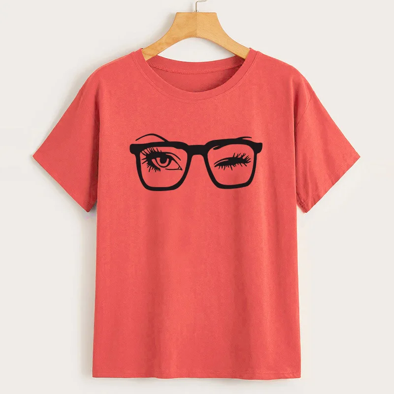 Лето 2019 новая хлопковая Футболка женская мигать с рисунком очков очки Широкий