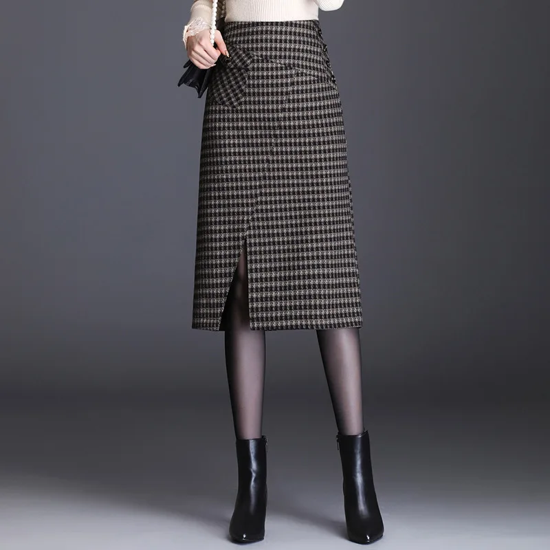 

Autumn Winter Plaid Bodycon Skirt Women Elegant Vintage Zipper High Waist Office Lady Slim Casual Mid-long Skirts