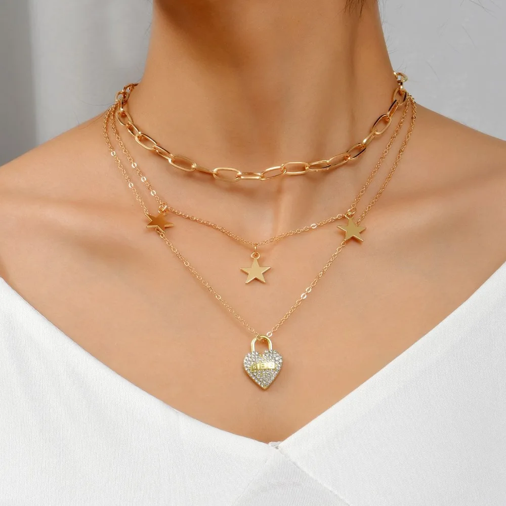

Punk Rhinestone inlaid Heart Lock Pendant Necklace Set For Women Five-pointed Star Tassel Multilayer Chains Choker Jewelry Trend