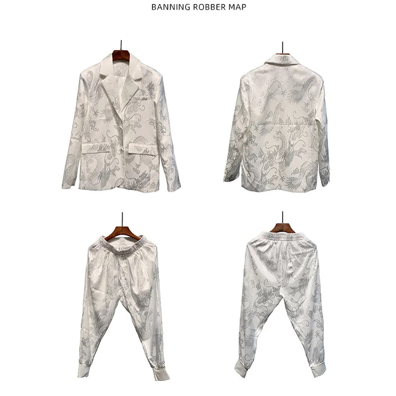 

Men's Embroidery Two Piece Suit Korean Casual Formal Single-breasted Suit Male Clothing 2021 Belted Elastic Waist Blazers Pants