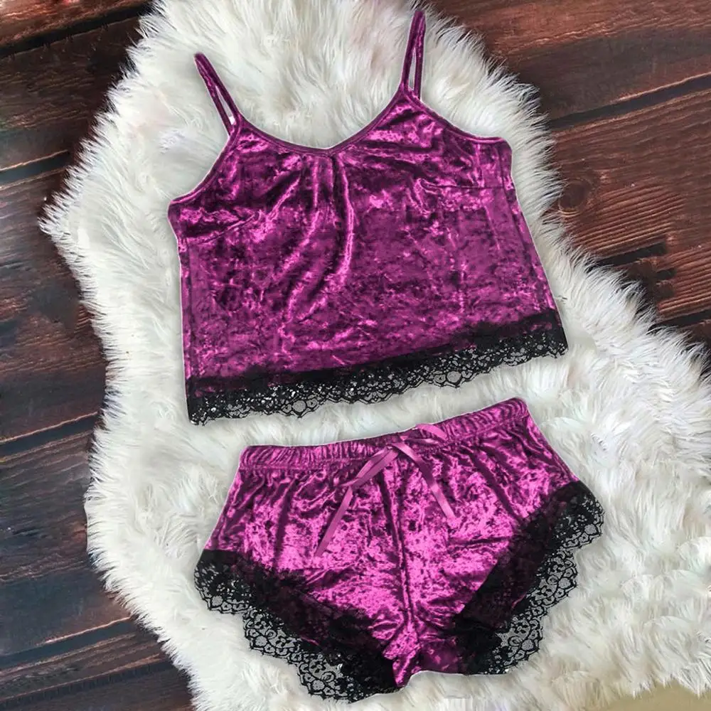 

New Fashion Women Sexy Nightwear Lingerie Camisole Shorts V-Neck Tops Lady Lace Seamless Velvet Pajamas Sleepwear Clothes Mujer