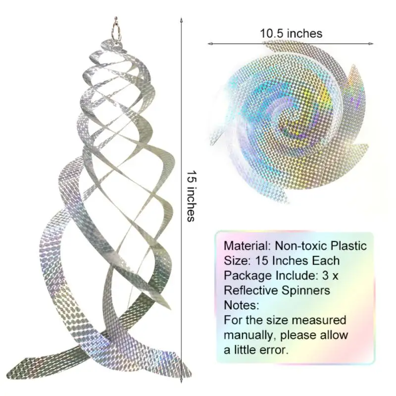 

3pcs Bird Repellent Spiral Reflectors Silver Hanging Reflective Bird Deterrent Device Garden Decorative Scare Birds Away