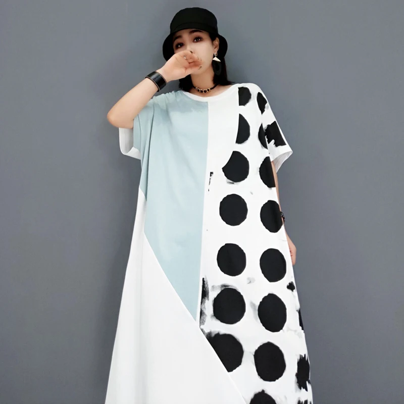 

SHENGPALAE Contrast Color Dot Derss Women's Summer 2021 New Round Beck Loose Short Sleeve Side Split Mid-calf Dresses Female
