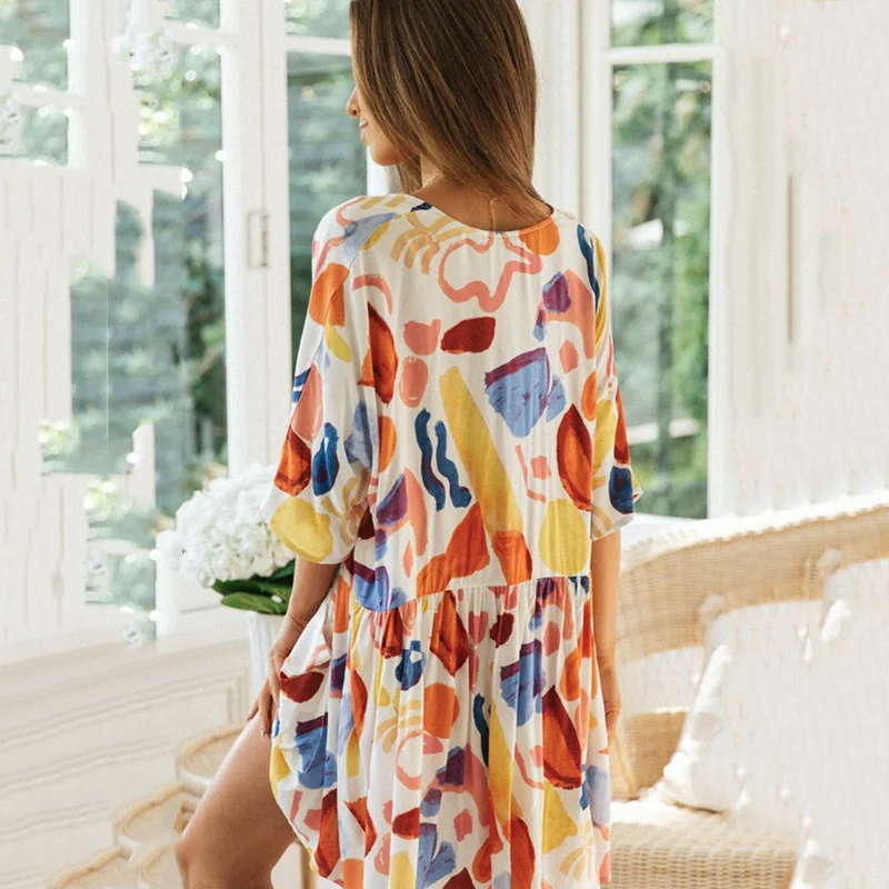 

Summer V-neck Printed Mini Dress Women's Fashion Casual Loose Pocket Patchwork Short Sleeve A-Line Women Dresses