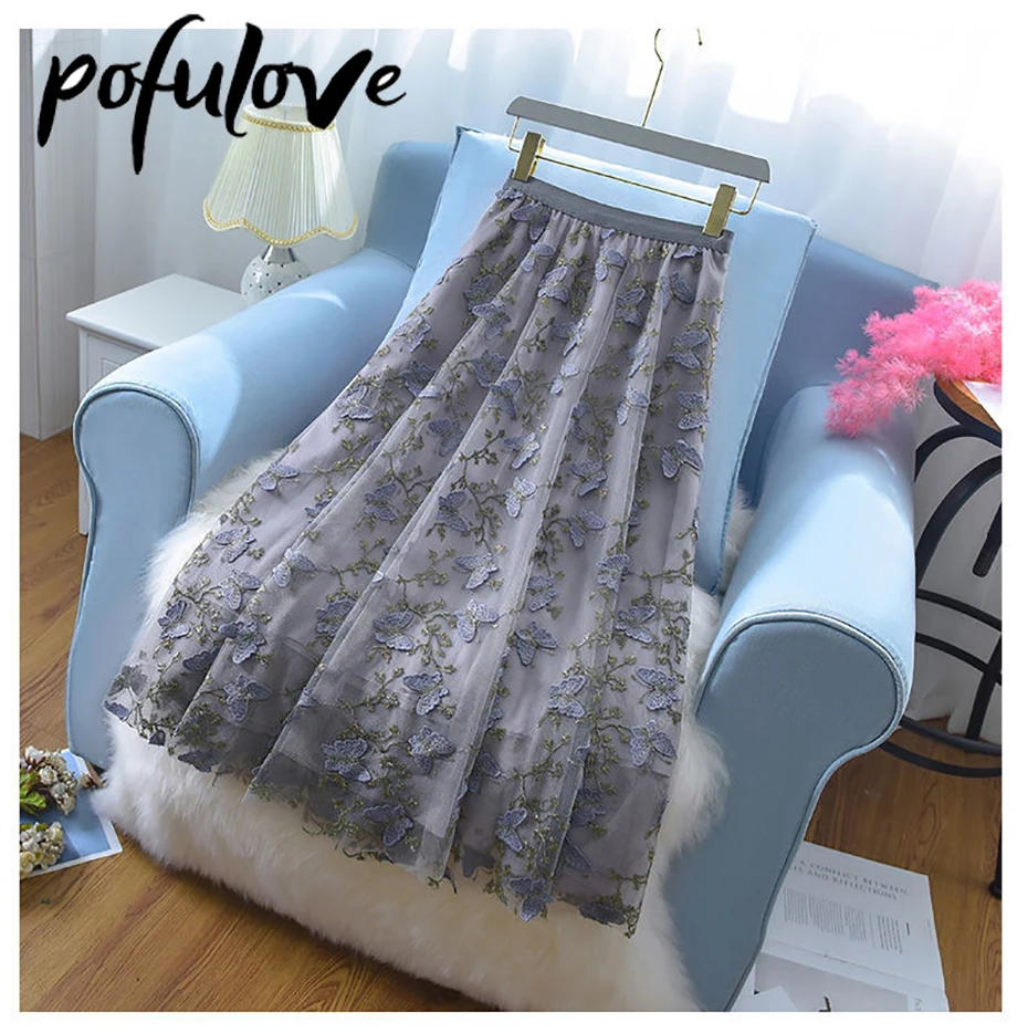 Женская Тюлевая юбка миди с вышивкой бабочки элегантная из газовой ткани высокой