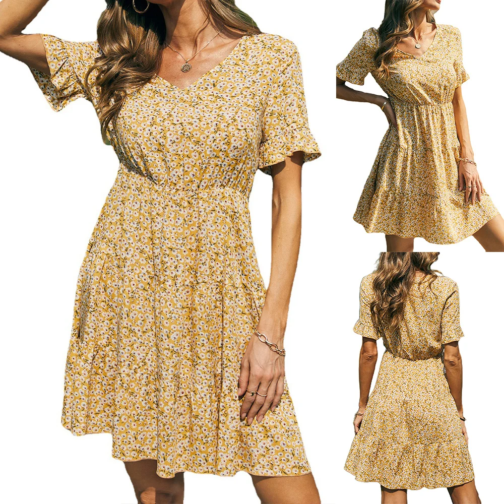 

Summer Midwaist Temperament Commuting Print Floral Dress Short-Sleeved Round Collar Knee-Length Ladies Dress Women's Dresses