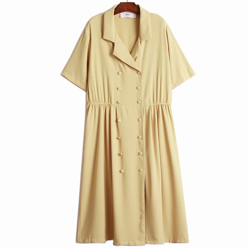

Women Dress Yellow Pleated Long Big Size Elegant Casual Women's Dresses for Women 2021 New Lapel Short Sleeve Loose Clothing