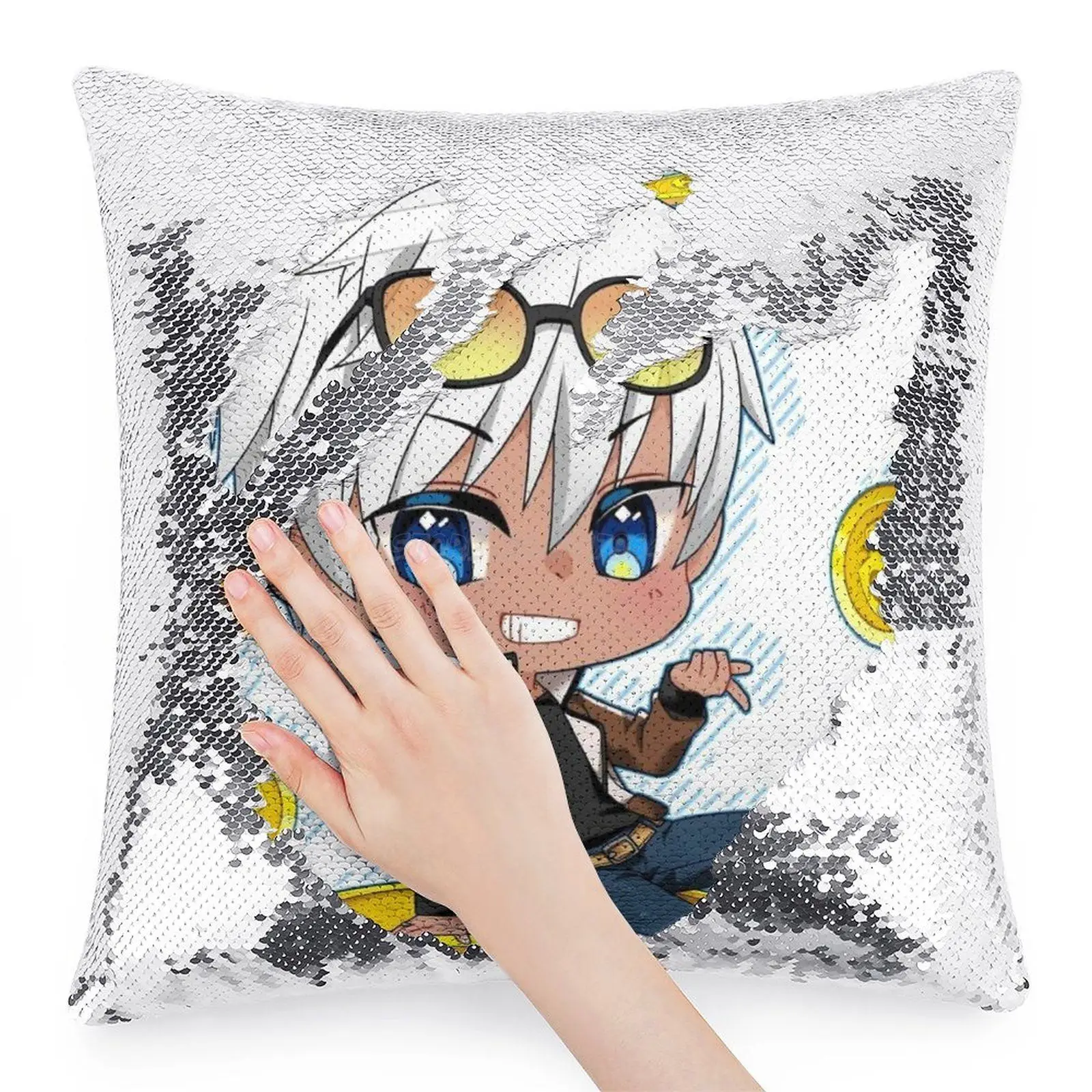 Счастливого дня рождения, Маммон! Наволочка с пайетками для декоративной подушки на диван 40X40 см. Русалочка Чиби, я - демонический принц из ада. "Hap on".