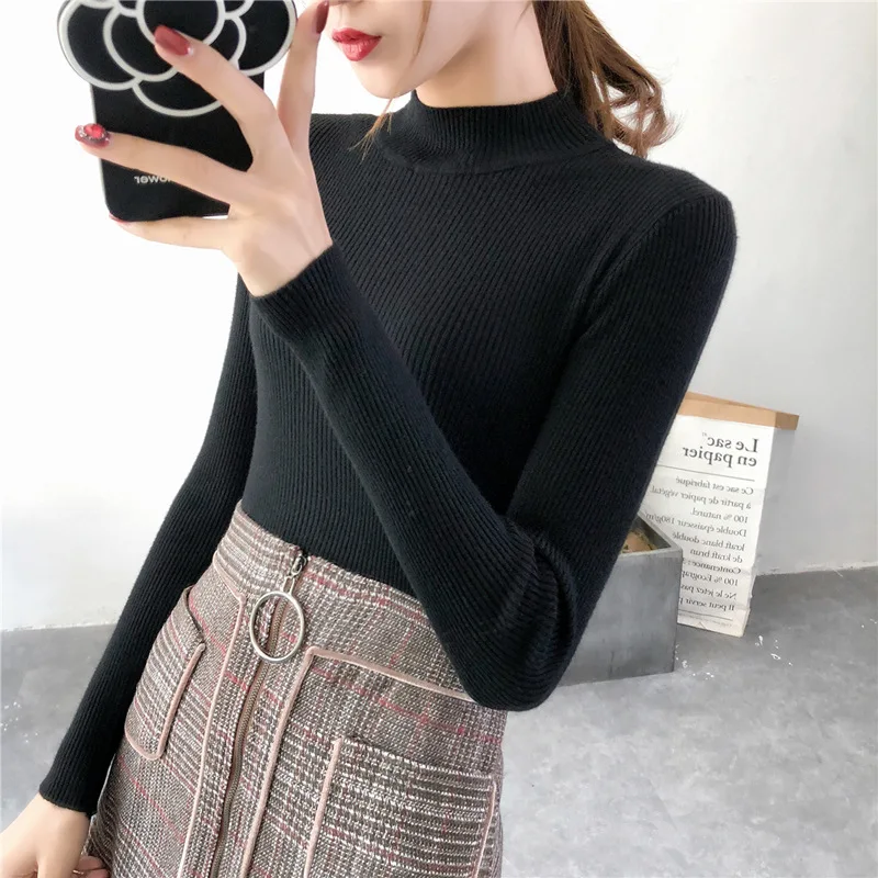 Autumn Half Turtleneck Bodycon Sweaters Women Solid Basic Pullovers Slim Fit Street Knitwear 2020 Knitted Femme Swearter L0038 | Женская