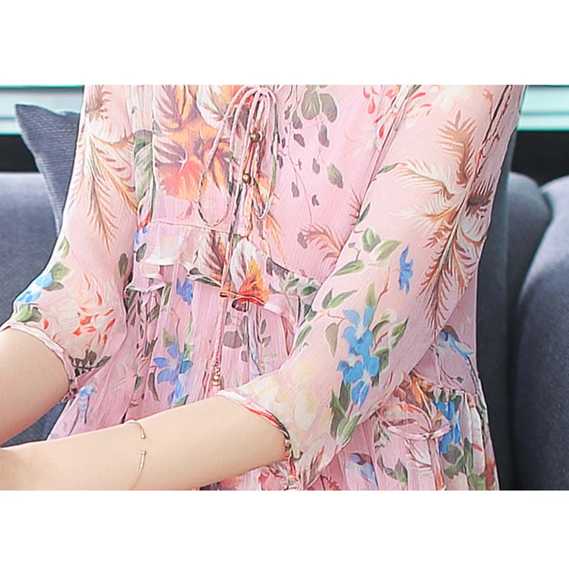 

Elegant Ruffles Chiffon Women Long Dress Print Flower Summer Sexy V-neck Plus Size Dress Evening Party Female Dress Vestidos