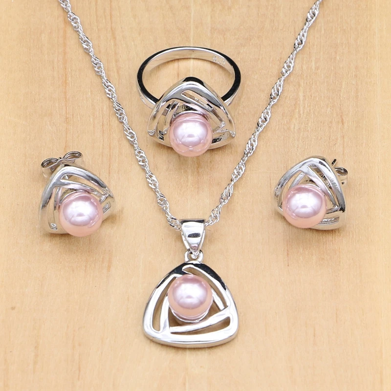 

925 Sterling Silver Jewelry Sets Pink Pearls Beads Decoration For Women Pearl Party Silver Jewelry 4pcs