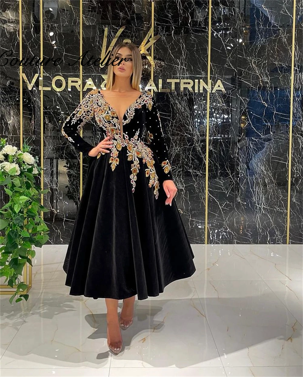 

Black Evening Gowns For Women A Line Party Dress Long Sleeve Prom Gown For Ladies Vestidos de fiesta