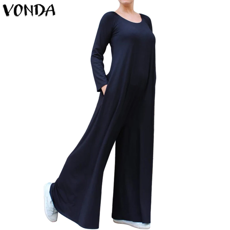 Осень, VONDA, женские комбинезоны, элегантные комбинезоны, женские комбинезоны, винтажные повседневные свободные широкие штаны, Длинные Комбинезоны, 5XL Pantalon - Цвет: Темно-синий