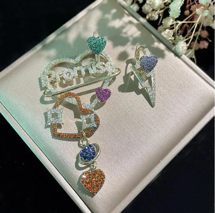 

The new trendy personality color zircon hit color AB style a pair of lightning love letter design women earrings