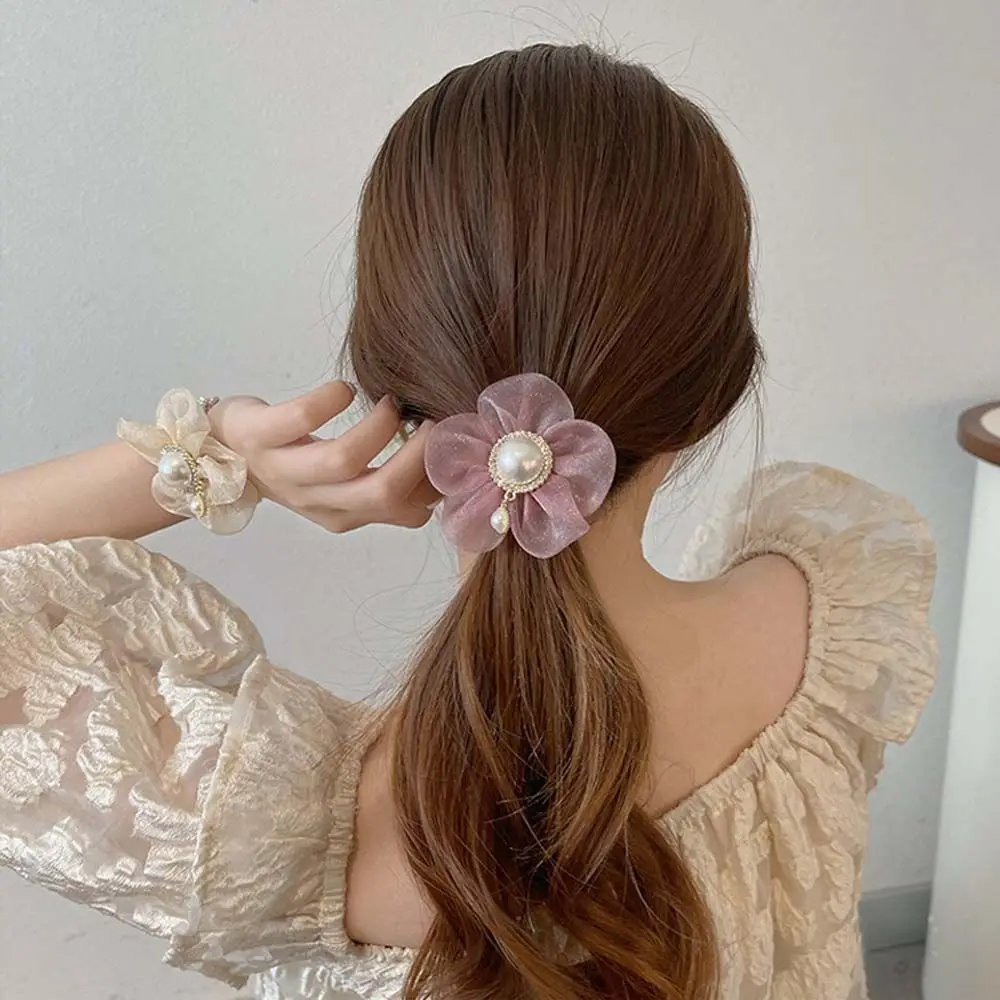 

Sweet Women Pearl Korean Flower Hair Rope Hair Accessories Mesh Rubber Band