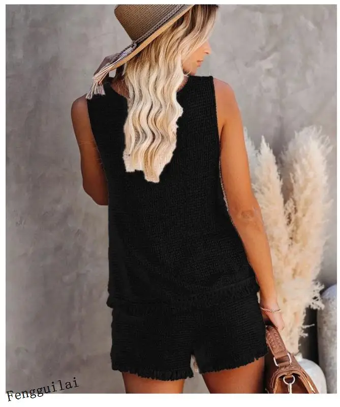 

Summer Beach Holiday Swimming Women Set Knitted Sleeveless Tops Vest Shorts Lady Solid Suit