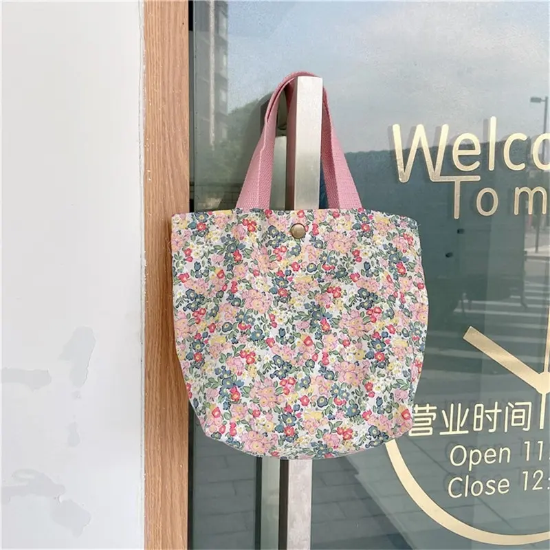 

Floral Portable Lunch Bag Cotton Fabric Picnic Food Bags Girls Lunch Pouch Casual Ladies Mini Hand Bag Durable Shopping Handbag