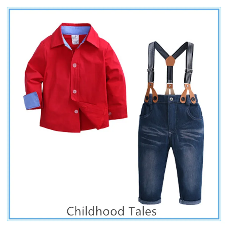 

Hot sale spring and autumn boy red shirt strap jeans suit fashionable children kids clothing set