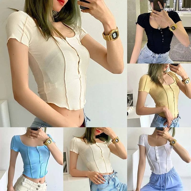 

Summer Casual Square Collar Sexy Hedging Short Sleeve Single-breasted Stitching Ribbed Knitted Back Fashion Slim Women's Tshirt