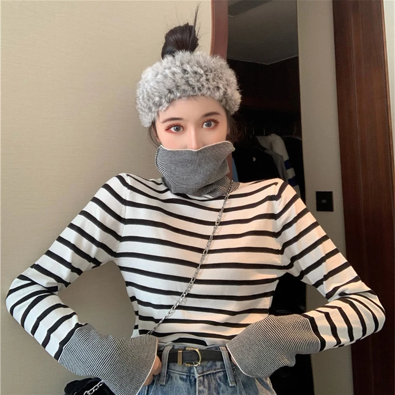 

Knitted Turtleneck Striped T Shirt Women Spring Autumn Fashion Slim Female Tops Tee Shirts Casual Long Sleeve Lady Warm Tshirt